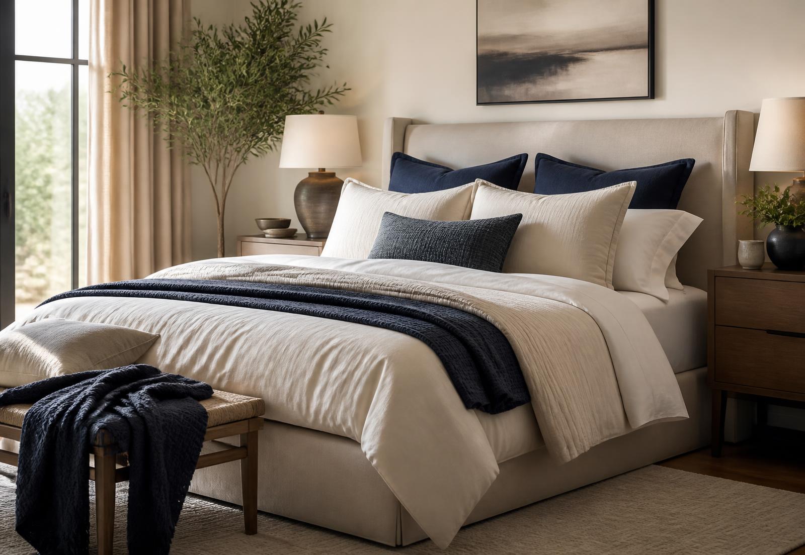 Quarto contemporâneo com enxoval de cama em tons neutros e detalhes em azul